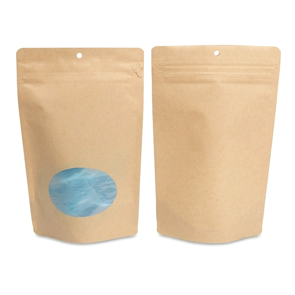 Doypack Kraft Compostable à Domicile avec Fenêtre Ovale et Fermeture Pocket 15x9x23cm - 100 pcs