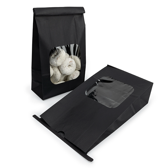 Sacs Kraft Noirs avec Fenêtre et Fermeture Tin-Tie 15,2x7x26,7cm - 100 pcs