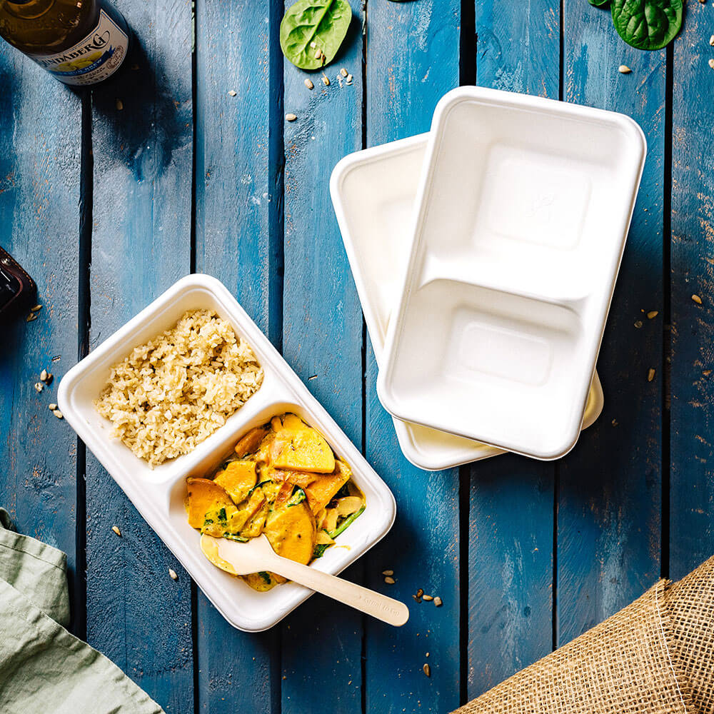 Barquette en canne à sucre, 2 compartiments, 1000 ml, 23 x 14.5 x 5 cm - 500 pièces