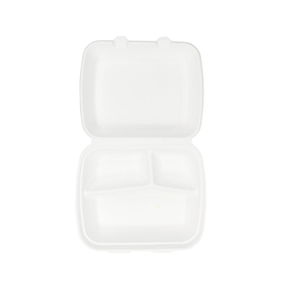 Plateau à menu avec couvercle en canne à sucre 3 espaces 25x20x7.5 cm - 200 pièces