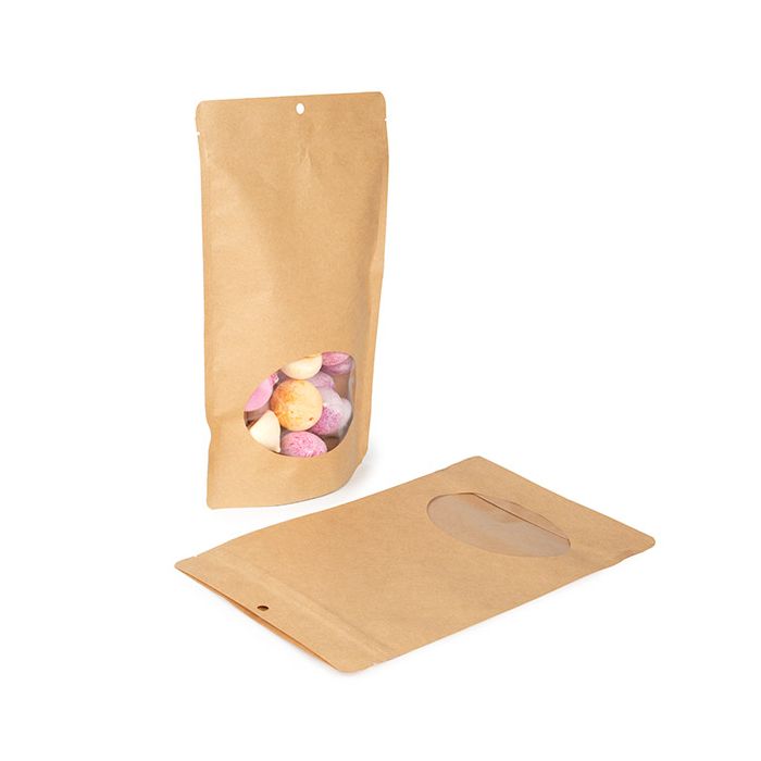 Doypack compostable en kraft 17.1x8.9x28.6 cm avec fenêtre ovale - 100 pieces