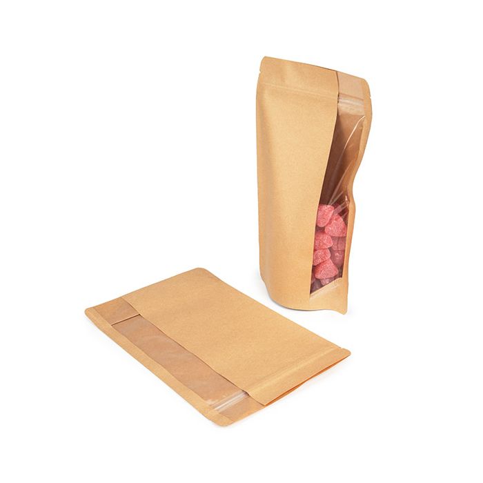 Doypack à zip avec fenêtre verticale Kraft 17.1x8.9x28.6 cm - 100 pièces
