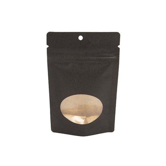 Doypack en papier kraft noir 102x60x152 mm avec fenêtre ovale transparente Trou Suspension Rond - 100 pièces