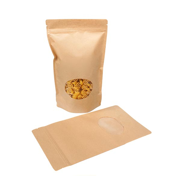 Doypack en papier Kraft avec fenêtre ovale, 17.1x8.9x28.6cm - 100 pcs