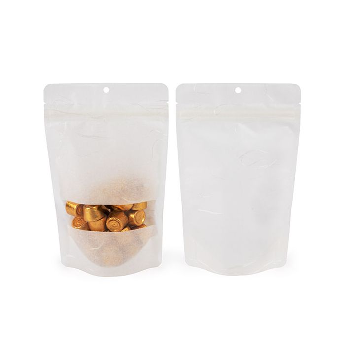 Doypack écologique en papier de riz blanc, avec fenêtre rectangulaire et trou de suspension 13x7,9x20,6 cm - 100 pièces