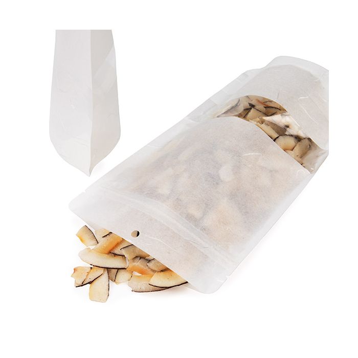Doypack écologique, en papier de riz blanc avec fenêtre rectangulaire et trou de suspension 14,9x8,9x23,2 cm - 100 pièces