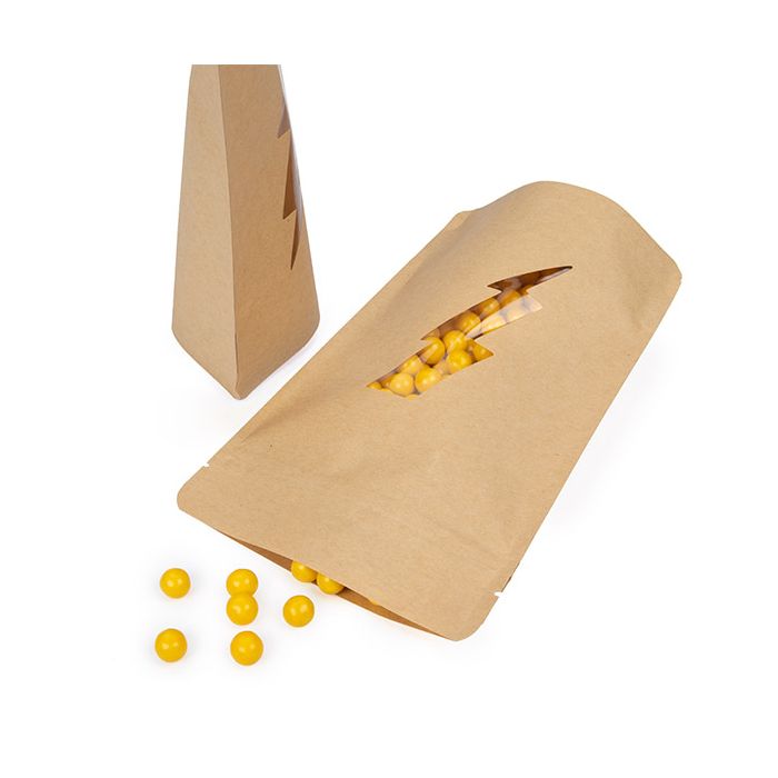 Doypack en kraft à maintien vertical avec fenêtre en forme d'éclair 13x7,9x20,6 cm - 25 pièces