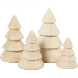 Sapin de Noël en Bois, H: 3.3+4.3+5.3+6.3 cm, P: 2.3+3.2+4 cm - 4 pcs