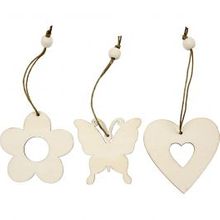 Ornement en bois: fleurs, papillons, coeur, taille 6 cm, épaisseur 3 mm - 9 pcs