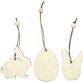 Ornement en bois: lapin, oeuf, poule, taille 6 cm, épaisseur 3 mm- 9 pcs