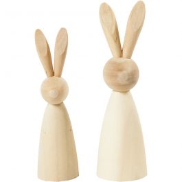 Lapin en Bois, H: 12+14 cm, profondeur 3,5+4 cm - 2 pcs