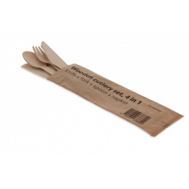 Couverts en bois 4/1 couteau + Fourchette + Cuillère + Serviette FSC - 250 pcs