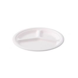 Plateau pour menu en Canne à sucre Ø 26 cm, 3 compartiments, rond - 500 pièces